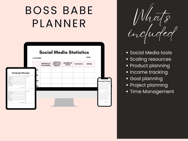 Puede incluir: Un planificador digital para empresarios, con el texto "Boss Babe Planner" y "What's included" en la p&aacute;gina. El planificador incluye secciones para estad&iacute;sticas de redes sociales, gesti&oacute;n de campa&ntilde;as, recursos de escalado, planificaci&oacute;n de productos, seguimiento de ingresos, planificaci&oacute;n de objetivos, planificaci&oacute;n de proyectos y gesti&oacute;n del tiempo.