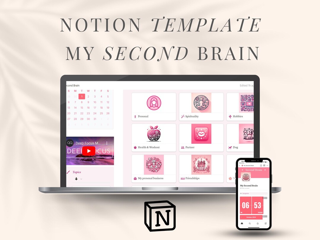 Notion Template Second Brain Pink Notion Planner Digital Journal All-in ...