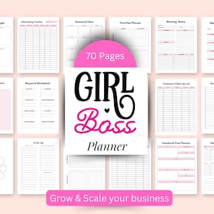 Puede incluir: Un planificador imprimible de 70 páginas para empresarios. El planificador tiene un esquema de color rosa y negro y presenta el texto "Girl Boss Planner" y "Grow & Scale your business".
