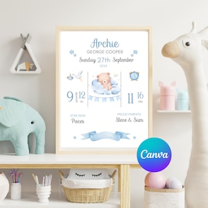 Neues Baby Anzeige digitale Geburt Statistikzeichen Neuankömmling Baby Boy Art Kinderzimmer Druck neue Mama Geschenk bearbeitbar Neugeborenen Statistik Poster Vorlage