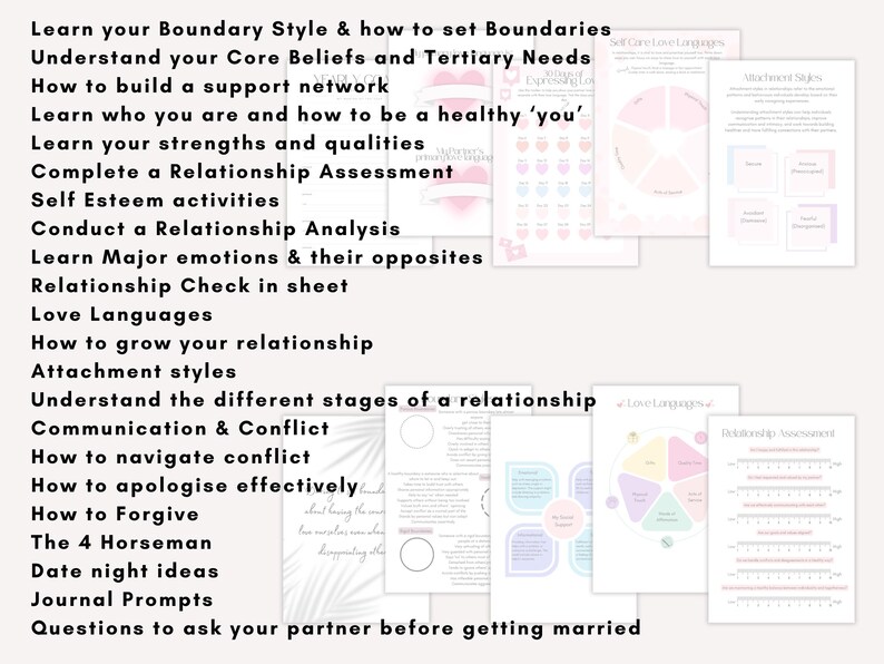 Relationship guide for improving your relationship, boundaries, boundary setting, daily journal prompts, date night ideas, gratitude journal,  self-improvement, self esteem, divorce therapy workbook, marriage separation worksheets