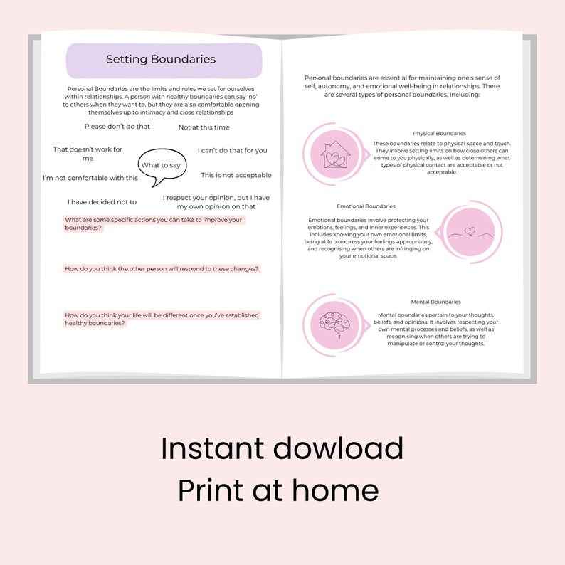 Setting Boundaries worksheets, boundary statements, healthy boundaries, assertive communication, communicating boundaries, DBT technique, boundary exploration, understanding your needs & values, boundary styles. How to improve your relationship skills.