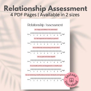 May include: A printable relationship assessment worksheet with a ruler scale for each question. The questions are: Am I happy and fulfilled in this relationship? Do I feel respected and valued by my partner? Are we effectively communicating with each other? Are our goals and values aligned? Do we handle conflicts and disagreements in a healthy way? Are we maintaining a healthy balance between individuality and togetherness?