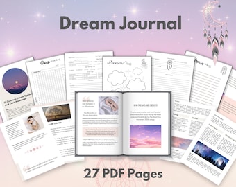 May include: A digital dream journal with 27 pages of printable PDF content. The pages feature a variety of dream-related topics, including dream symbols, how dreams are created, and dream journaling prompts. The pages are decorated with a pink and white color scheme and feature illustrations of a dreamcatcher, a moon, and a sleeping person.