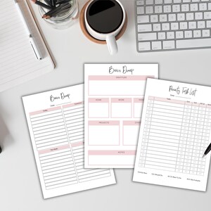 May include: Three printable productivity planner pages with pink accents. The pages are titled "Brain Dump", "Priority Task List", and "Brain Dump".
