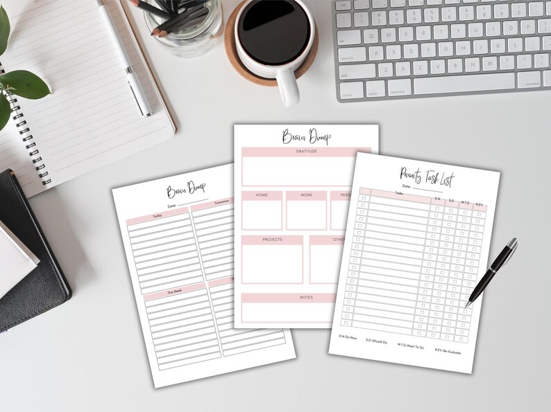 May include: Three printable productivity planner pages with pink accents. The pages are titled "Brain Dump", "Priority Task List", and "Brain Dump".