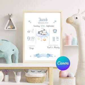 Neues Baby Anzeige digitale Geburt Statistikzeichen Neuankömmling Baby Boy Art Kinderzimmer Druck neue Mama Geschenk bearbeitbar Neugeborenen Statistik Poster Vorlage