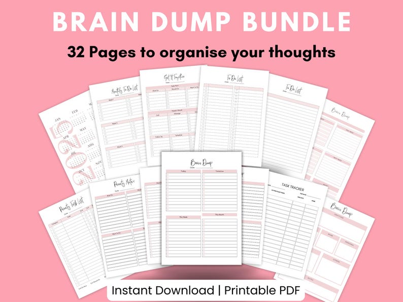 32 page Brain Dump Planner great for anyone with ADHD to use as a Daily Planner and Thought Organizer. comes with  Daily To do List and Priority Matrix and can be used as aADHD thought Journal for Mental Clarity Thought Journal