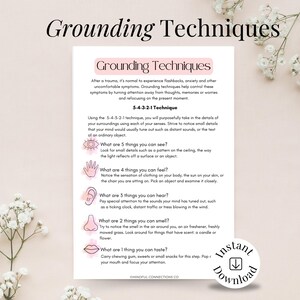 May include: A printable guide titled "Grounding Techniques" with instructions for managing anxiety. The document features pink accents and illustrations, including eyes, hands, ears, a nose, and a mouth. The text includes the phrase "5-4-3-2-1 Technique".