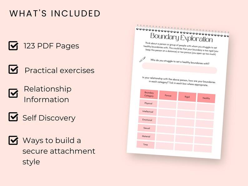 Relationship guide for improving your relationship, boundaries, boundary setting, daily journal prompts, date night ideas, gratitude journal,  self-improvement, self esteem, divorce therapy workbook, marriage separation worksheets