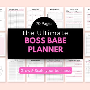 Puede incluir: Un planificador negro y rosa con el texto "70 Pages the Ultimate BOSS BABE PLANNER Grow & Scale your business". El planificador incluye p&aacute;ginas para mapas mentales, listas de tareas, prioridades, seguimiento de clientes, planificaci&oacute;n de publicaciones de Facebook, investigaci&oacute;n de hashtags y m&aacute;s.