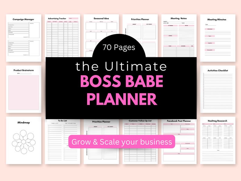 Puede incluir: Un planificador negro y rosa con el texto "70 Pages the Ultimate BOSS BABE PLANNER Grow & Scale your business". El planificador incluye p&aacute;ginas para mapas mentales, listas de tareas, prioridades, seguimiento de clientes, planificaci&oacute;n de publicaciones de Facebook, investigaci&oacute;n de hashtags y m&aacute;s.