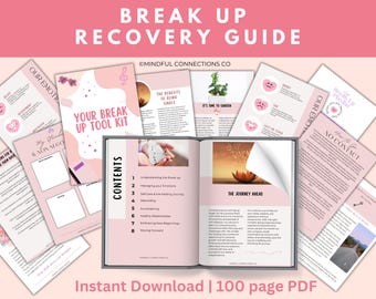 May include: A pink and white digital guide titled "Break Up Recovery Guide" with the subtitle "Your Break Up Tool Kit". The guide is a 100-page PDF and includes sections on understanding the breakup, managing emotions, self-care, and moving forward.