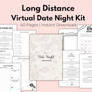 Puede incluir: Un conjunto de páginas imprimibles para un kit de cita nocturna virtual. El kit incluye páginas para actividades como un concurso de cocina, dibujo y una carta de amor de 5 minutos. El título "Long Distance Virtual Date Night Kit" se muestra en la parte superior.