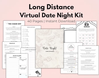 Könnte beinhalten: Eine Sammlung von druckbaren Seiten für ein virtuelles Date-Night-Kit. Das Kit enthält Seiten für Aktivitäten wie einen Kochwettbewerb, Zeichnen und einen 5-Minuten-Liebesbrief. Der Titel "Long Distance Virtual Date Night Kit" wird oben angezeigt.