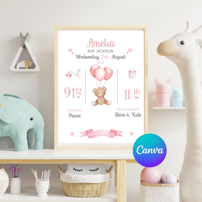 New Baby Announcement Digital Birth Sign New Arrival Baby Girl Nursery ...