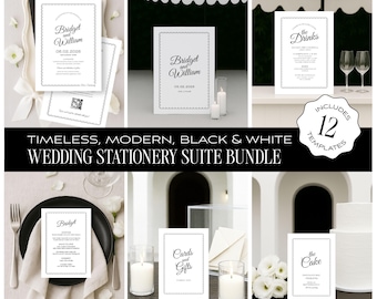 Timeless Modern Black & White Wedding Stationery Suite Bundle Canva Template,  Digital File, Editable files, QR code, Luxury template bundle