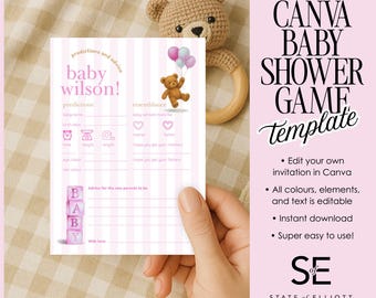 Baby Shower Predictions Card: Pink Bear Advice Game (Digital Download, 5x7" Printable Template)
