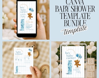Teddy Bear Baby Shower Template Bundle: Watercolor Design (Canva Editable, Digital Download
