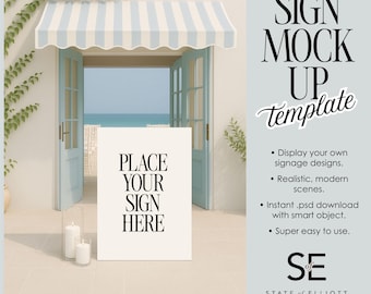 Wedding Welcome Sign Mockup: Euro Summer Coastal Patio Scene (PSD File)