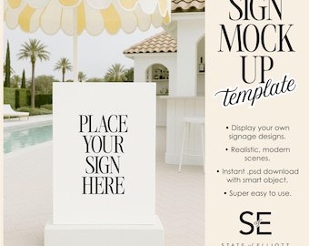 Euro Summer Wedding Sign Mockup: Realistic Poolside A1 Template (PSD, JPG File)