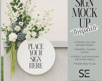 Wedding Bar Sign Mockup: Hanging Round Sign, Garden Party Theme (PSD File)