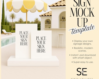 Poolside Wedding Sign Mockup: Realistic Euro Summer Double Layered Sign Scene (PSD File)