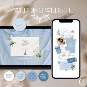 May include: A wedding website template for Canva displayed on a laptop screen and a smartphone. The design features light blue drapery, floral accents, and an envelope graphic with the text Katie & Richard. Includes RSVP form and countdown timer.
