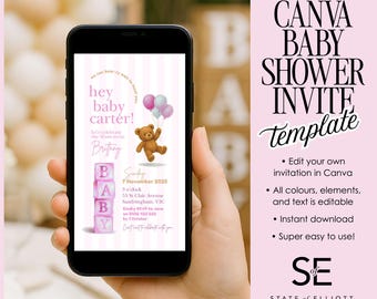 Pink Baby Bear Shower Invitation: Editable Template (Digital Download, 5x7 & Smartphone Sizes)