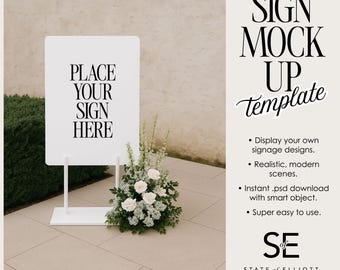 Wedding Welcome Sign Mockup: Realistic Modern A1 Sign with Floral PSD