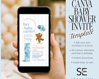 Baby Bear Shower Invitation: Watercolor Balloon Theme (Digital Download, 5x7" & Smartphone Size)