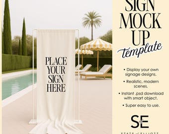 Linen Wedding Welcome Sign Mockup: Euro Summer Poolside Realistic Scene (PSD, JPG Digital Download
