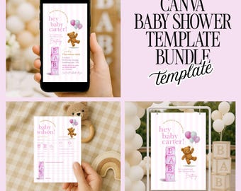 Teddy Bear Baby Shower Template Bundle: Pink Balloons, Editable Canva File (Digital Download)