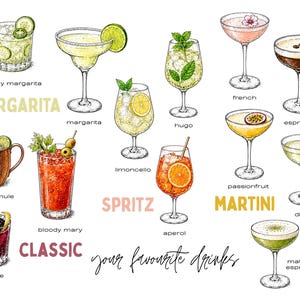 May include: A collection of cocktail illustrations including a spicy margarita, margarita, hugo, french, espresso, moscow mule, bloody mary, limoncello, passionfruit, dirty martini, bramble, aperol spritz, and matcha espresso with text labels.
