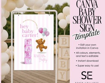 Baby Shower Bear with Balloons Baby Blocks Pink Welcome sign, Printable Baby Shower Sign, Editable Baby Shower Welcome sign Girl baby shower
