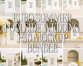 Euro Summer Wedding Sign Mockup Bundle: Realistic Poolside Resort Scenes (PSD & JPG Files)