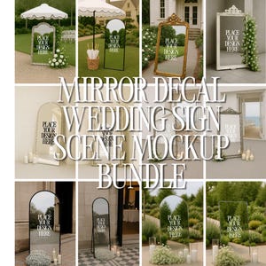 以下が含まれることがあります： 「PLACE YOUR DESIGN HERE」の文字が入った鏡を使ったウェディングシーンのモックアップのコレクション。鏡は様々なフレームスタイルで、花やキャンドルで飾られています。画像には、さまざまな屋外と屋内の設定が含まれています。