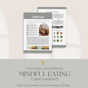 Könnte beinhalten: Ein zweiseitiges Kundenhandout mit dem Titel "Mindful Eating" in hellem Grau und Weiß. Die erste Seite enthält Informationen über die Vorteile von achtsamem Essen und ein Bild einer Schüssel mit Essen. Die zweite Seite gibt Tipps.