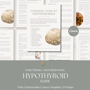 以下が含まれることがあります： 白とベージュのガイドで、タイトルは「A Holistic Guide to Hypothyroidism」、下部には「Functional/Naturopathic Hypothyroid Guide」というテキストが書かれています。このガイドはCanvaテンプレートで、10ページあり、完全にカスタマイズ可能です。
