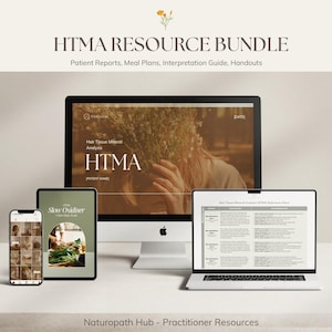 Pode incluir: Um pacote de recursos digitais exibido em um computador desktop, tablet e smartphone. A tela do computador mostra "HTMA" e "Hair Tissue Mineral Analysis". O tablet exibe um plano de refeições e o telefone mostra imagens. O texto "HTMA RESOURCE BUNDLE" está no topo.