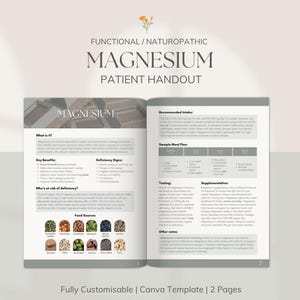 以下が含まれることがあります： マグネシウムに関する2ページの患者向けハンドアウトで、「MAGNESIUM PATIENT HANDOUT」というタイトルです。ハンドアウトには、主な利点、欠乏の兆候、食品源に関する情報が含まれています。「Fully Customisable | Canva Template | 2 Pages」というテキストが一番下にあります。