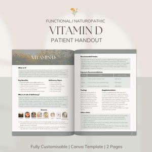 Op de afbeelding: Een tweepagina's tellende patiëntenfolder over vitamine D, met bovenaan de titel "VITAMIN D". De folder bevat informatie over de belangrijkste voordelen, tekenen van tekorten en bronnen van vitamine D. De onderkant van de folder luidt "Fully Customisable | Canva Template | 2 Pages."