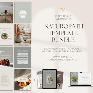 Peut inclure: Ensemble de modèles Canva pour professionnels de la santé, comprenant des publications sur les réseaux sociaux, des documents et des supports de cours. Les modèles sont dans une palette de couleurs neutres.