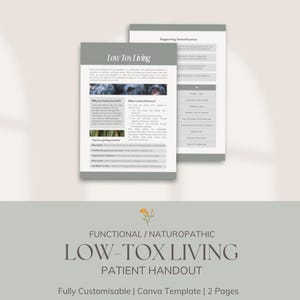 May include: Two-page patient handout titled "Low Tox Living" with a light gray background. The first page has the title and sections on why and what is detoxification. The second page lists tips. The bottom text reads "Fully Customisable | Canva Template | 2 Pages."