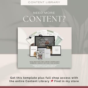 May include: An advertisement for the "Content Library" featuring a computer, tablet, and smartphones displaying digital content. The image includes the text "Need More Content?" and lists various digital resources like social media posts, ebooks, and workbooks.