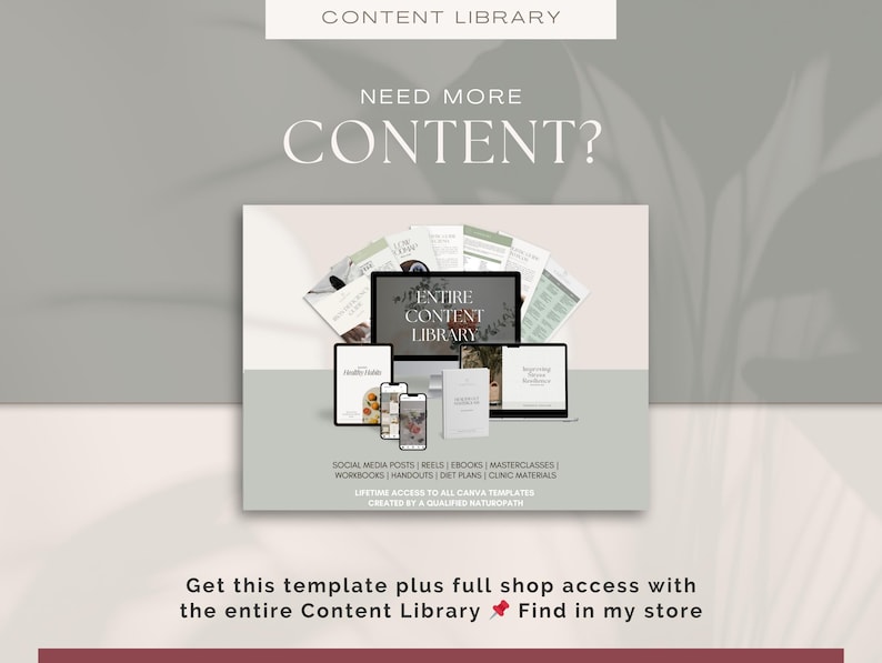 May include: An advertisement for the "Content Library" featuring a computer, tablet, and smartphones displaying digital content. The image includes the text "Need More Content?" and lists various digital resources like social media posts, ebooks, and workbooks.