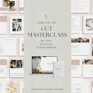 Könnte beinhalten: Digitale Produktpräsentation mit dem Titel "DONE-FOR-YOU GUT MASTERCLASS" in Hellbeige und Weiß. Die Präsentation umfasst Folien, ein Arbeitsbuch und einen Laptop, der ein "Healthy Gut"-Bild anzeigt. Der Text enthält "50+ Slides", "Entire script" und "19 page workbook".
