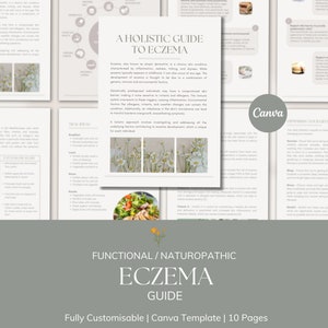 May include: A guide to eczema with a holistic approach. The guide includes information on functional and naturopathic treatments, as well as lifestyle changes that can help manage eczema. The guide is fully customizable and comes with 10 pages.