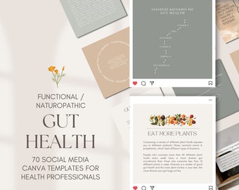 Gut Health Social Media Posts | Green & Orange | 70 educational posts | White Label | Editable | Canva Template | For Naturopaths