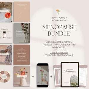 Op de afbeelding: Een digitale productbundel voor de menopauze, met social media posts, reels, een e-book en werkbladen. Het ontwerp bevat een neutraal kleurenpalet met afbeeldingen van grapefruit, bloemen en een tablet met "Perimenopause". Tekst: "Functional/Naturopathic" en "Canva Templates".